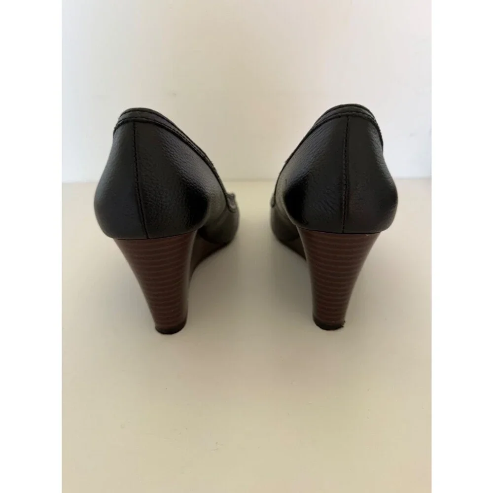 Saks Fifth Avenue Black Leather Peep Toe Wedge Heels 7M